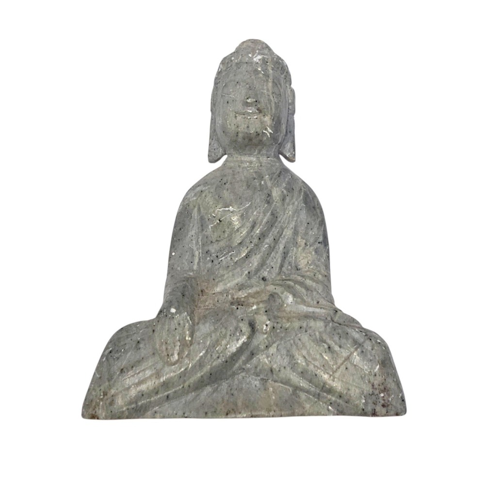Vintage Hand Carved Grey Stone Buddha Figurine Meditating Statue 4" Paperweight